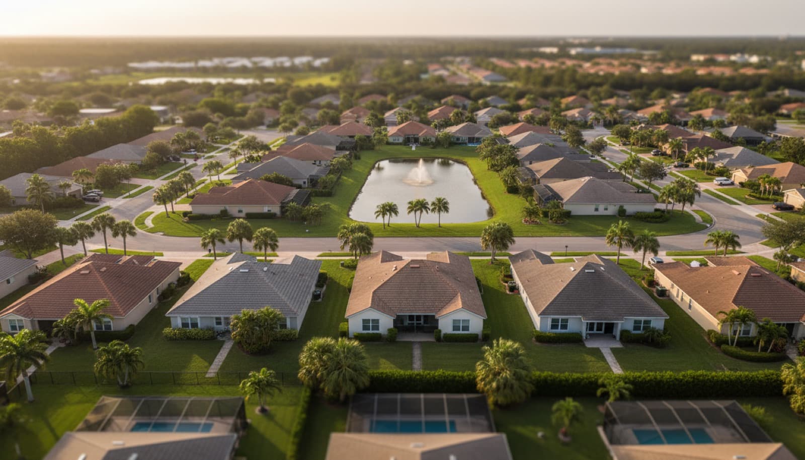 Aerial view of an Orlando subdivision: tile-roofed houses, palm trees, backyard pools and a retention pond with a fountain