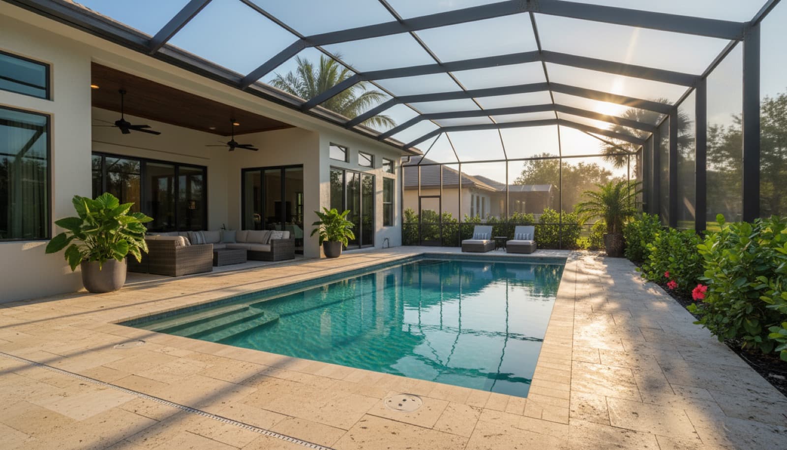 Rectangular pool under a screen enclosure, with a covered lanai and seating area alongside