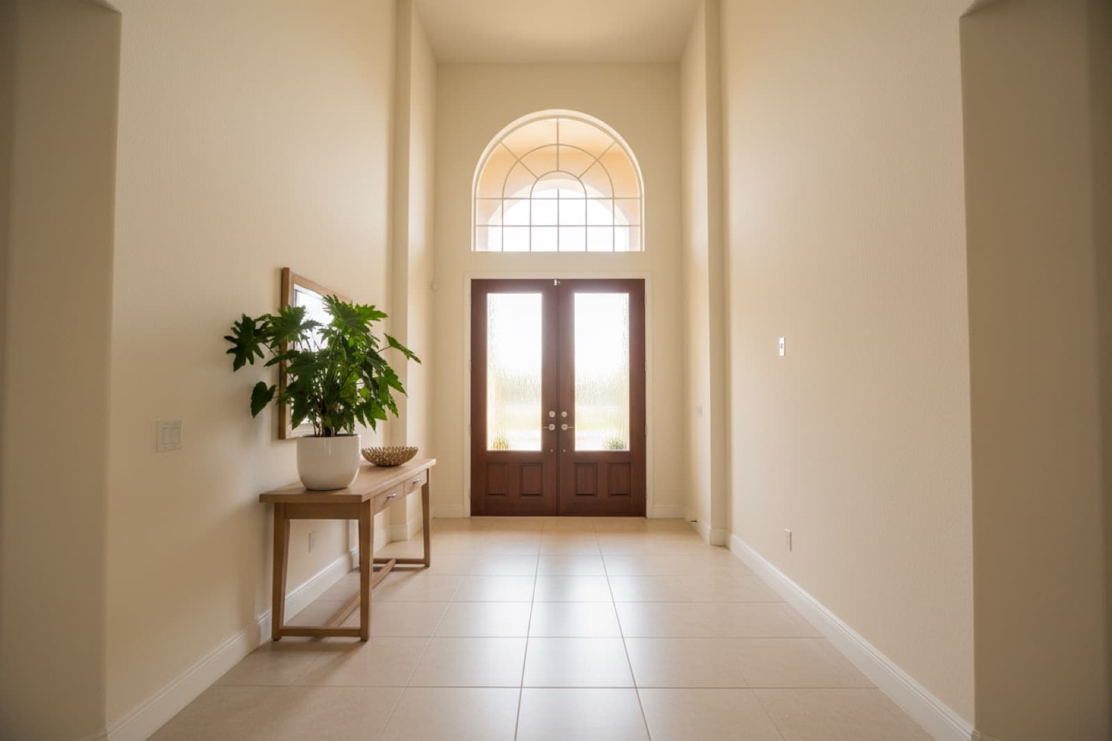 Double-height entry hall with a double front door, an arched window above it and pale tile flooring