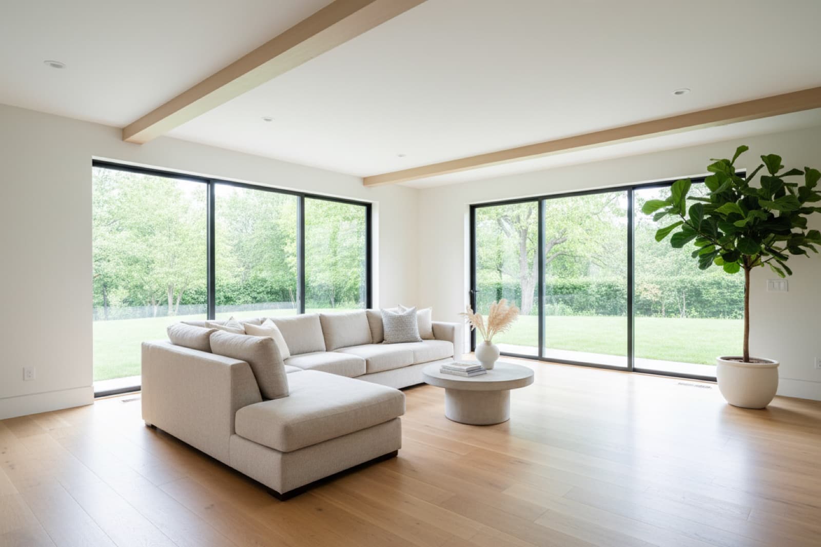 Living room with floor-to-ceiling windows onto the lawn, a white sectional sofa and pale wood flooring