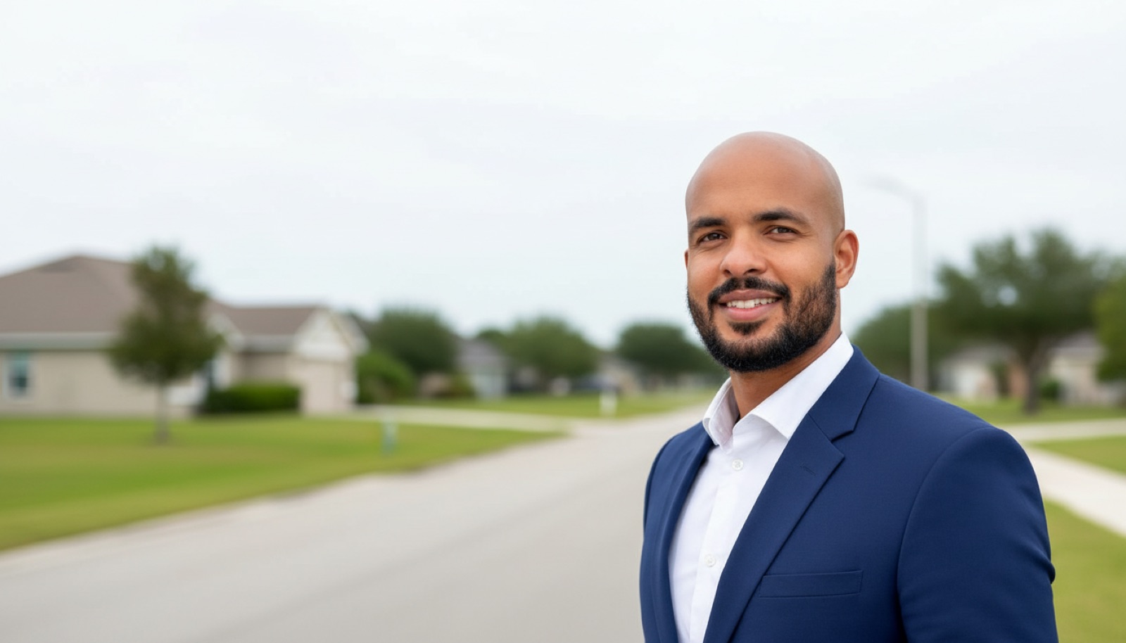 Moisés Bispo in a navy suit, standing on the street of an Orlando residential neighbourhood, houses and lawns behind him