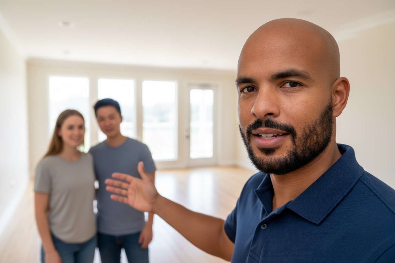 Moisés Bispo pointing out an empty room to a couple, who are looking where he indicates