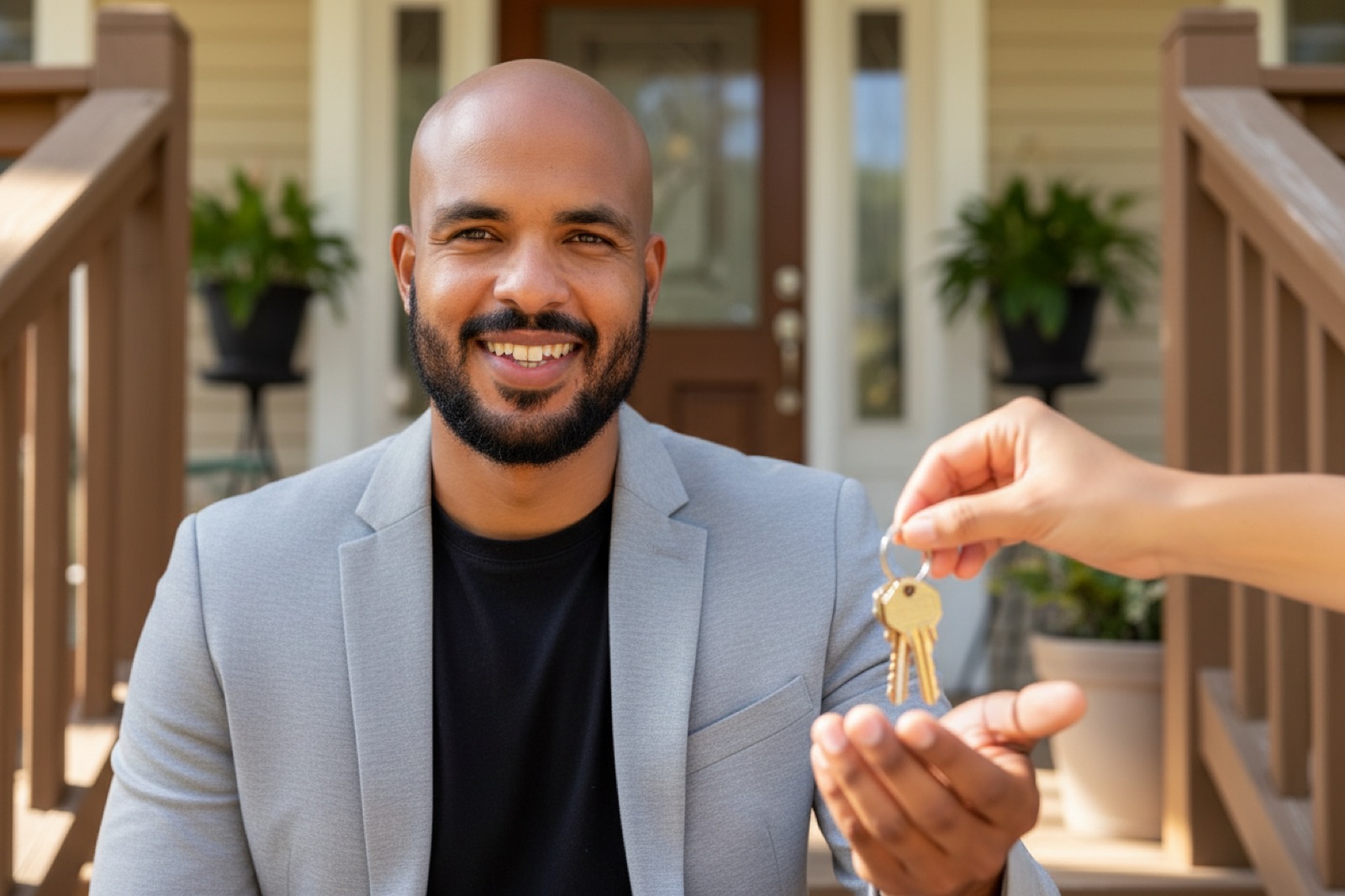 Two keys passing from Moisés Bispo's hand to someone else's, on the front steps of a house