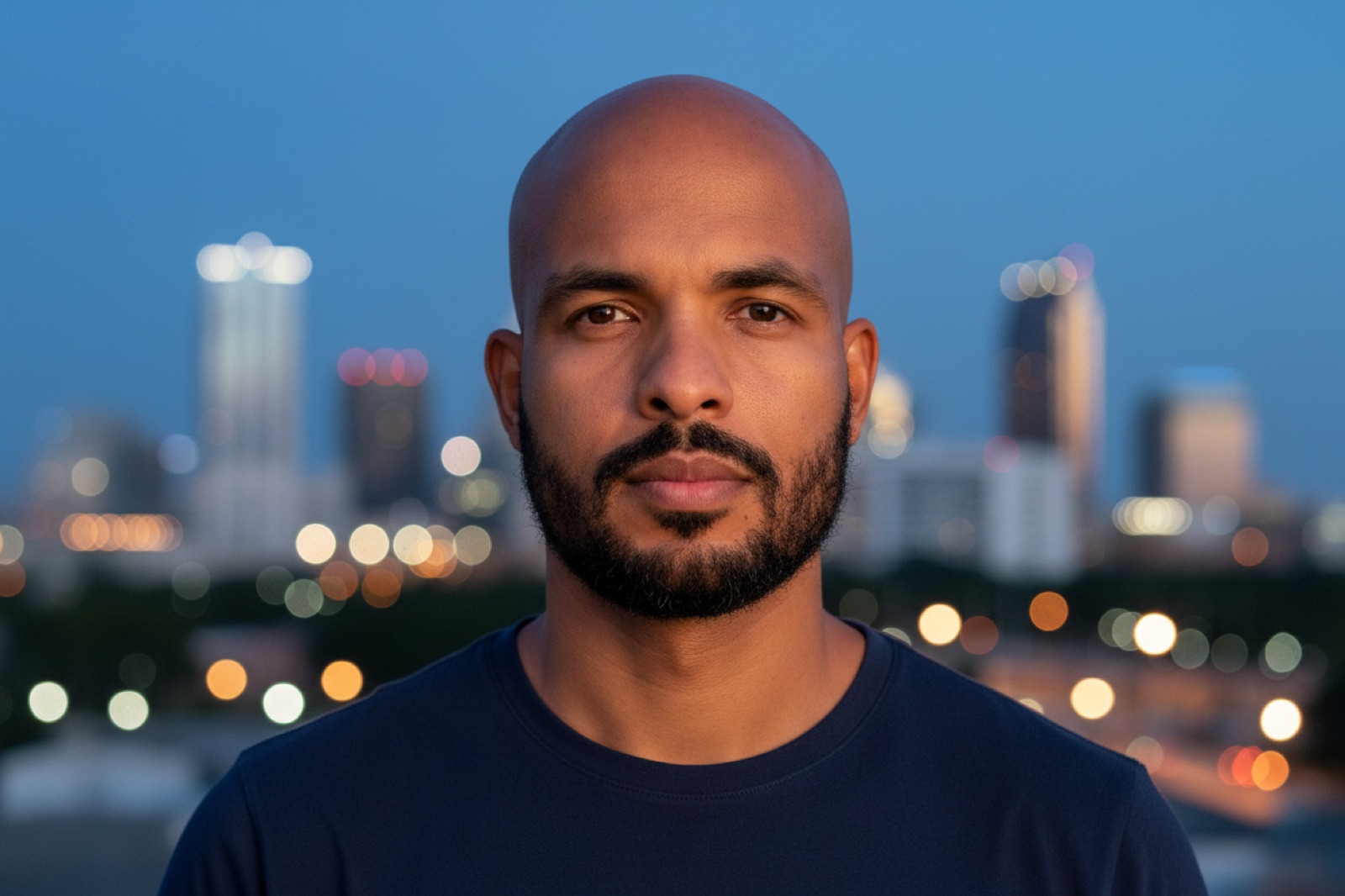 Moisés Bispo at dusk, the lights of downtown Orlando out of focus behind him